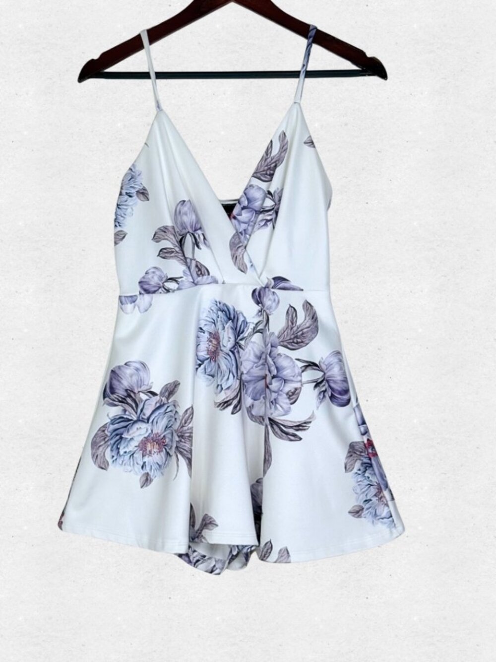 Privy Floral Fit and Flare White Romper Small Purple Lilacs Bridal Bachelorette